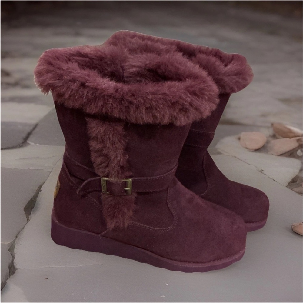 BearPaw Women's Burgundy Suede Faux-Fur Ankle Boots